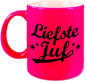 Bellatio Decorations Liefste juf beker / mok neon roze 330 ml - afscheidscadeau / bedankt cadeau - feest mokken