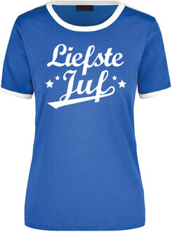 Bellatio Decorations Liefste juf blauw/wit ringer t-shirt voor dames S