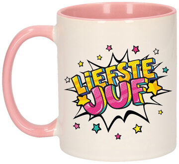 Bellatio Decorations Liefste juf cadeau koffiemok / theebeker - wit en roze - 300 ml - keramiek