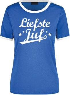 Bellatio Decorations Liefste juf cadeau ringer t-shirt blauw met witte randjes voor dames - Einde schooljaar/juffendag cadeau L