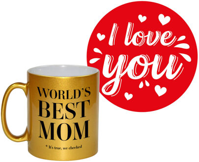 Bellatio Decorations Liefste mama cadeau koffiemok - goud - met I love you onderzetters - moederdag - verjaardag