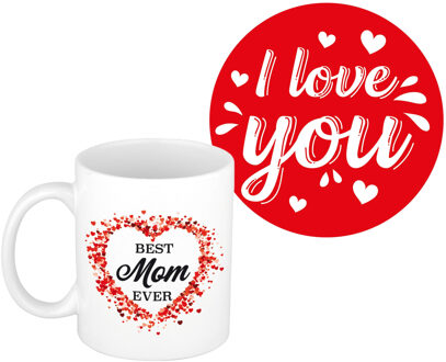 Bellatio Decorations Liefste mama cadeau koffiemok - rood hartje - met I love you onderzetters - moederdag - verjaardag