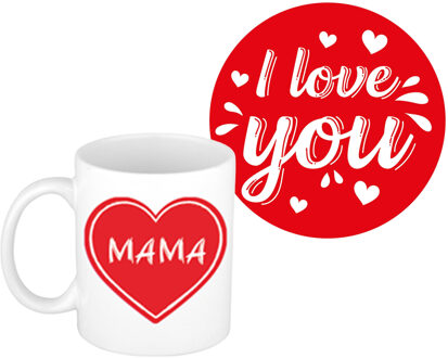 Bellatio Decorations Liefste mama cadeau koffiemok - rood hartje - met I love you onderzetters - moederdag - verjaardag