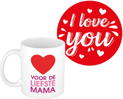 Bellatio Decorations Liefste mama cadeau koffiemok - rood hartje - met I love you onderzetters - moederdag - verjaardag
