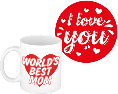 Bellatio Decorations Liefste mama cadeau koffiemok - rood hartje - met I love you onderzetters - moederdag - verjaardag