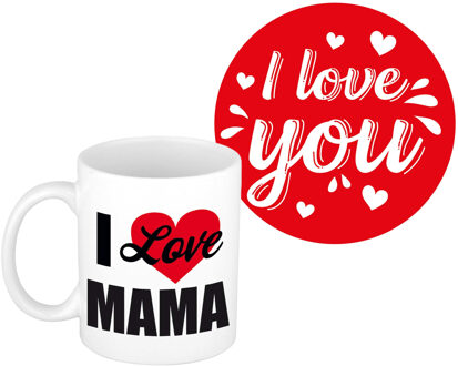 Bellatio Decorations Liefste mama cadeau koffiemok - rood hartje - met I love you onderzetters - moederdag - verjaardag