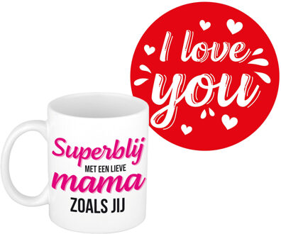 Bellatio Decorations Liefste mama cadeau koffiemok - Superblij - met I love you onderzetters - moederdag - verjaardag
