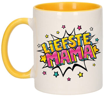 Bellatio Decorations Liefste mama cadeau mok / beker wit en geel met sterren 300 ml - feest mokken