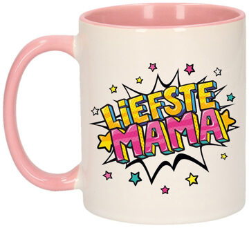 Bellatio Decorations Liefste mama cadeau mok / beker wit en roze met sterren 300 ml - feest mokken