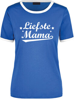 Bellatio Decorations Liefste mama cadeau ringer t-shirt blauw met witte randjes voor dames - Moederdag/verjaardag cadeau L