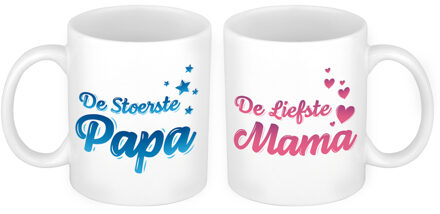 Bellatio Decorations Liefste mama en stoerste papa mok - Vaderdag en moederdag cadeau - feest mokken Wit