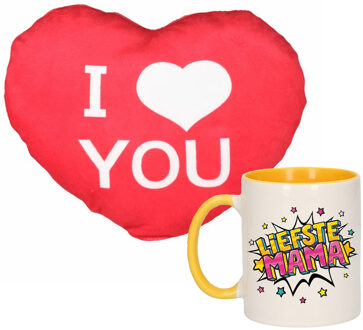 Bellatio Decorations Liefste mama mok/beker 300 ml geel incl. sierkussentje hart vorm 12 cm