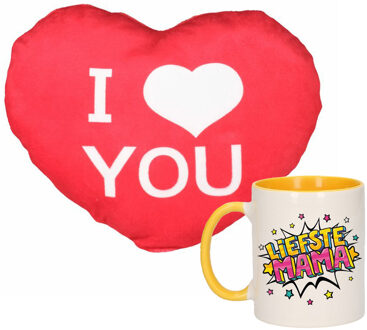 Bellatio Decorations Liefste mama - mok/beker - 300 ml - geel - incl. sierkussentje hart vorm - 15 cm