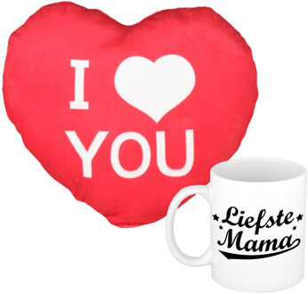 Bellatio Decorations Liefste mama - mok/beker - 300 ml - incl. sierkussentje hart vorm - 15 cm