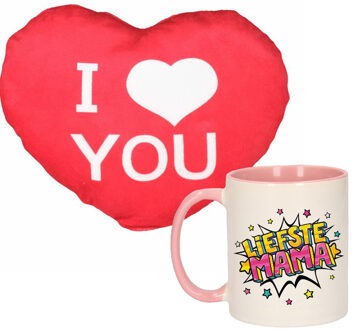 Bellatio Decorations Liefste mama mok/beker 300 ml roze incl. sierkussentje hart vorm 12 cm
