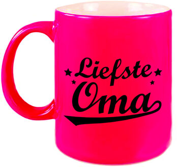 Bellatio Decorations Liefste oma cadeau mok / beker neon roze 330 ml - feest mokken