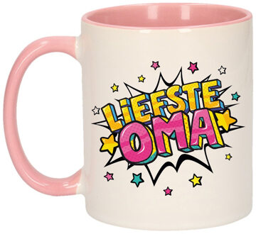 Bellatio Decorations Liefste oma cadeau mok / beker wit en roze 300 ml