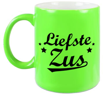 Bellatio Decorations Liefste zus cadeau mok / beker neon groen met sterren 330 ml - feest mokken