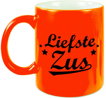 Bellatio Decorations Liefste zus cadeau mok / beker neon oranje met sterren 330 ml - feest mokken