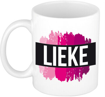 Bellatio Decorations Lieke naam / voornaam kado beker / mok roze verfstrepen - Gepersonaliseerde mok met naam - Naam mokken