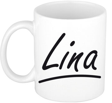 Bellatio Decorations Lina Naam koffiemok - beker - met sierlijke letters - wit - 300 ml - Cadeau - Dames