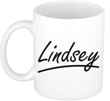 Bellatio Decorations Lindsey Naam koffiemok - beker - met sierlijke letters - wit - 300 ml - Cadeau - Dames