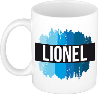 Bellatio Decorations Lionel naam cadeau koffie mok - beker - met blauw verfstrepen - Cadeau collega - vaderdag