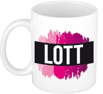 Bellatio Decorations Lott naam cadeau koffie mok - beker - met roze verfstrepen - Cadeau collega - moederdag
