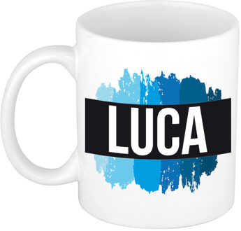 Bellatio Decorations Luca naam cadeau koffie mok - beker - met blauw verfstrepen - Cadeau collega - vaderdag