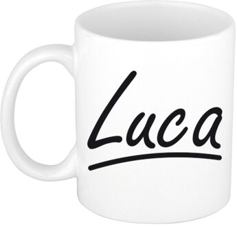 Bellatio Decorations Luca Naam koffiemok - beker - met sierlijke letters - wit - 300 ml - Cadeau - Heren