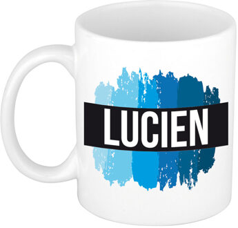 Bellatio Decorations Lucien naam cadeau koffie mok - beker - met blauw verfstrepen - Cadeau collega - vaderdag