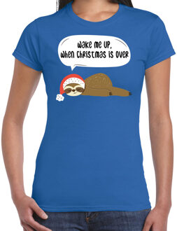 Bellatio Decorations Luiaard Kerst t-shirt / outfit Wake me up when christmas is over blauw voor dames