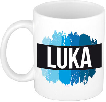 Bellatio Decorations Luka naam cadeau koffie mok - beker - met blauw verfstrepen - Cadeau collega - vaderdag