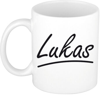 Bellatio Decorations Lukas Naam koffiemok - beker - met sierlijke letters - wit - 300 ml - Cadeau - Heren