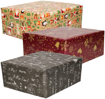 Bellatio Decorations Luxe Kerst cadeaupapier pakket - 3 prints mix - 12x rollen - 250 x 70 cm - cadeaupapier