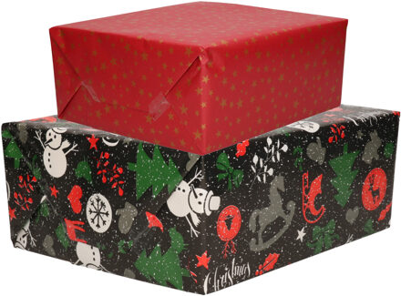 Bellatio Decorations Luxe Kerst inpakpapier - cadeaupapier - 2 verschillende prints - 2x rollen - 250 x 70 cm