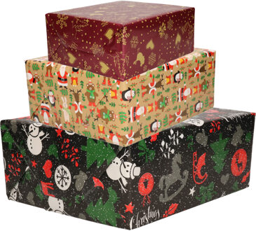 Bellatio Decorations Luxe Kerst inpakpapier - cadeaupapier - 3 verschillende prints - 3x rollen - 250 x 70 cm