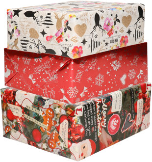 Bellatio Decorations Luxe Kerst inpakpapier - cadeaupapier - 3 verschillende prints - 6x rollen - 250 x 70 cm