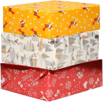 Bellatio Decorations Luxe Kerst inpakpapier - cadeaupapier - 3 verschillende prints - 9x rollen - 250 x 70 cm