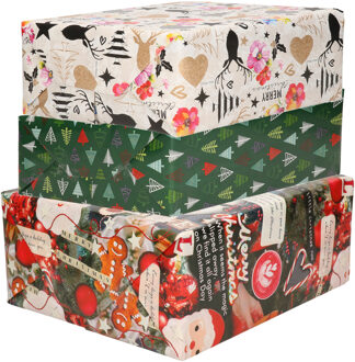 Bellatio Decorations Luxe Kerst inpakpapier - cadeaupapier - 3 verschillende prints - 9x rollen - 250 x 70 cm