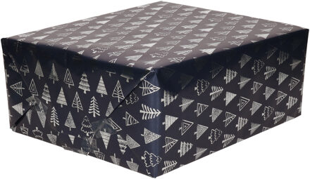 Bellatio Decorations Luxe Kerst inpakpapier - cadeaupapier - donkerblauw goud - Kerstbomen - 4x rollen - 250 x 70 cm