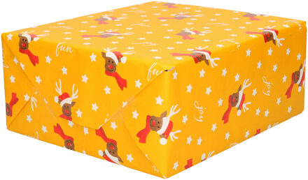 Bellatio Decorations Luxe Kerst inpakpapier - cadeaupapier - goud geel - Rendier en sterren - 10x rollen - 250 x 70 cm