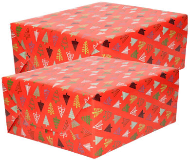 Bellatio Decorations Luxe Kerst inpakpapier - cadeaupapier - rood - Christmas Trees - 3x rollen - 250 x 70 cm