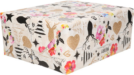 Bellatio Decorations Luxe Kerst inpakpapier - cadeaupapier - wit kleurenmix - Kitch Kerst - 1x rollen - 250 x 70 cm Naturel