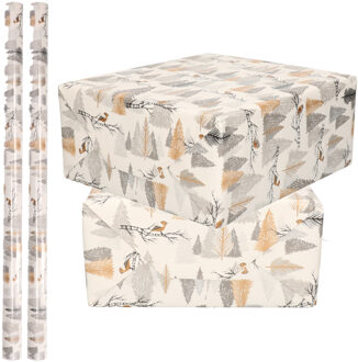 Bellatio Decorations Luxe Kerst inpakpapier - cadeaupapier - wit zilver goud - Bomen en vogels - 4x rollen - 250 x 70 cm