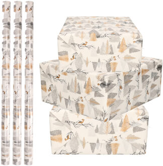 Bellatio Decorations Luxe Kerst inpakpapier - cadeaupapier - wit zilver goud - Bomen en vogels - 5x rollen - 250 x 70 cm