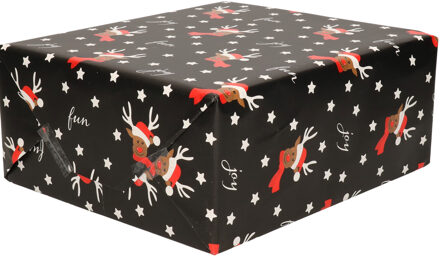 Bellatio Decorations Luxe Kerst inpakpapier - cadeaupapier - zwart - Rendier en sterren - 1x rollen - 250 x 70 cm