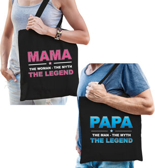 Bellatio Decorations Mama en Papa the legend tasje - Cadeau tassen set voor Papa en Mama Zwart