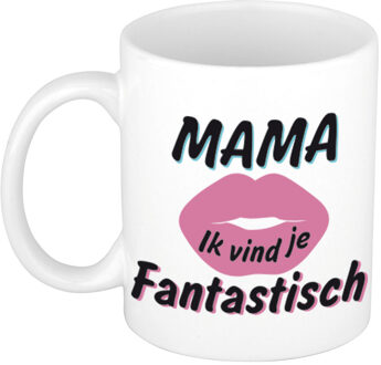 Bellatio Decorations Mama ik vind je fantastisch cadeau koffiemok / theebeker wit met roze kus 300 ml - feest mokken