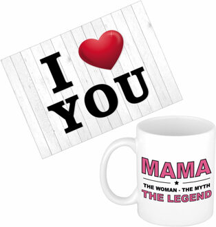 Bellatio Decorations Mama jarig/Moederdag cadeau drink mok/beker + Love you wenskaart - feest mokken Multikleur